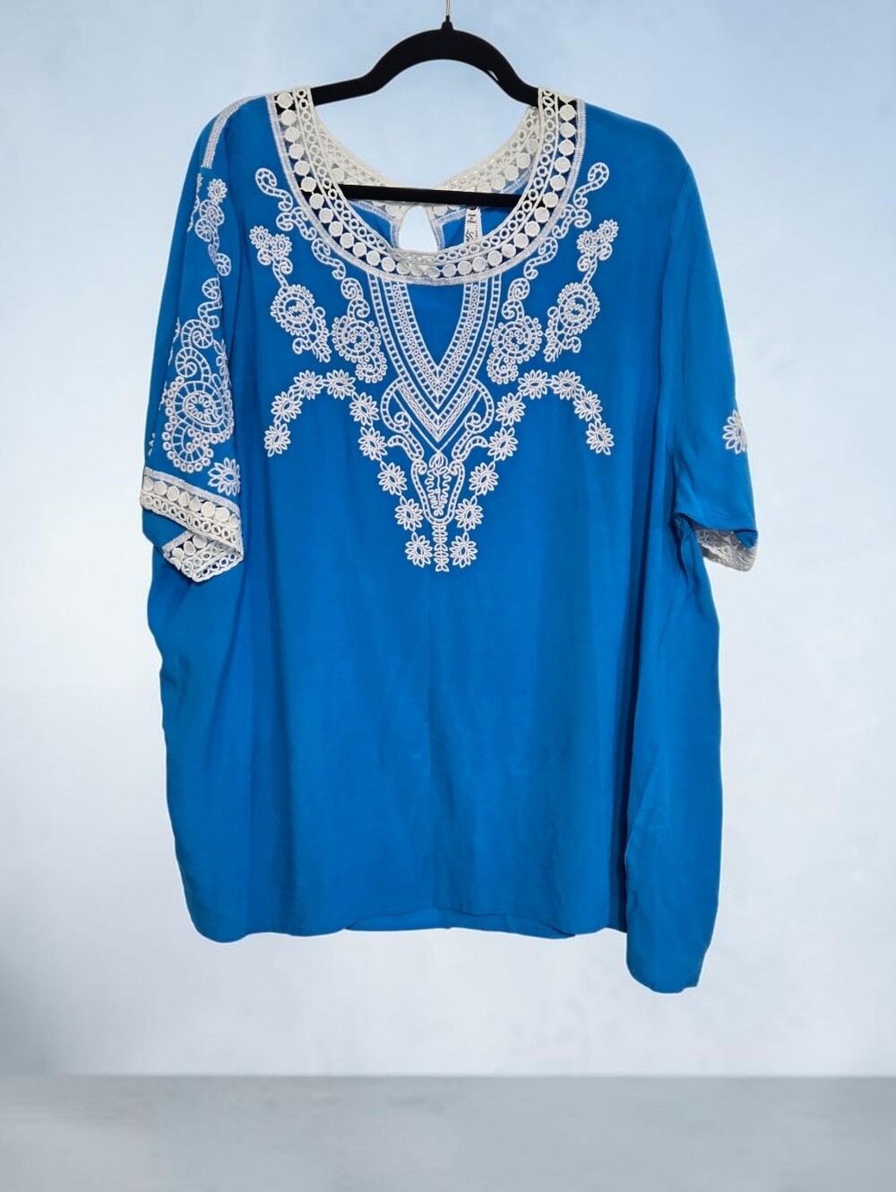 Leo & Nicole Chic Blue Embroidered Top with White Lace